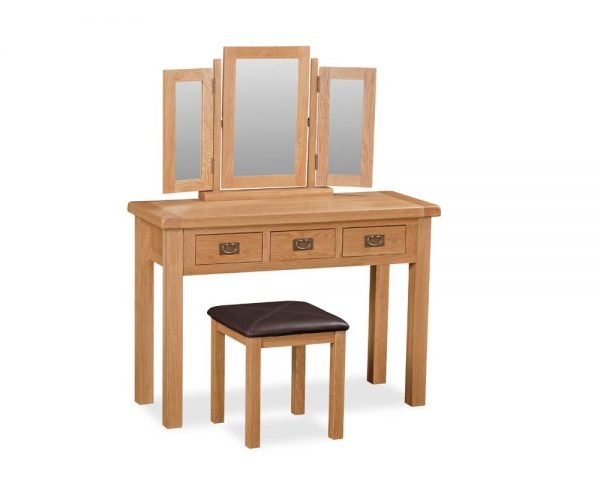 Ely Oak wide Dressing Table, Tripple Mirror & Stool