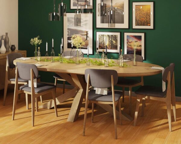 Carlton Tambour Grey Oiled Barkington 1800 Oval Table with Double X Pedestal Base & Chairs