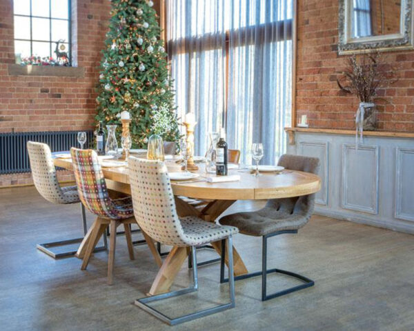 Carlton Tambour Grey Oiled Barkington 1800 Oval Table with Double X Pedestal Base & Chairs.