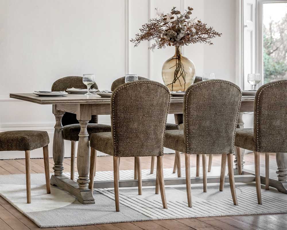 Rustique Extending Dining Table & Hinton Fabric Dining Chair in Moss Green